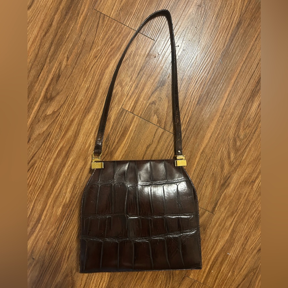 Escada Dark Brown Croc-Embossed Shoulder Bag